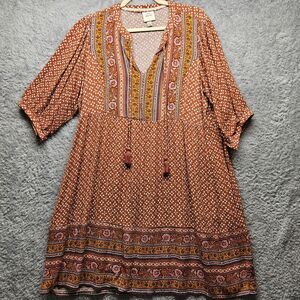 Knox Rose Orange Bohemian Dress Womens Size Large Tassels Floral Knee Length